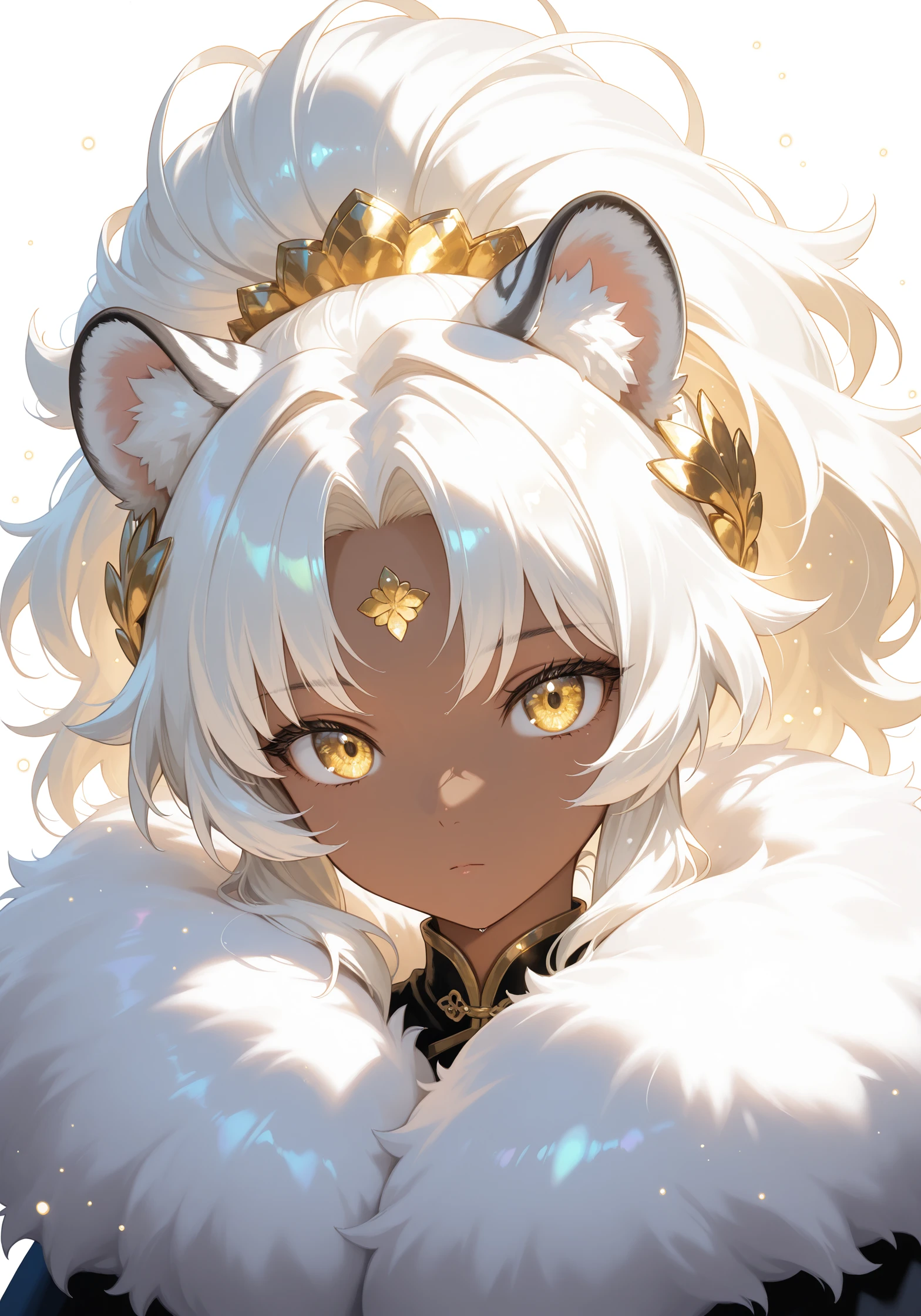 masterpiece, best quality, good quality,
anime character, white hair, gold eyes, (dark skin), high ponytail, golden hair ornament, (fluffy big hair), white tiger ears, solo, girl, water particles, general, white background, pure, iridescent sidelighting, clear outlines, floral