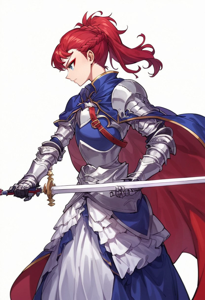 (absurdres, best quality, masterpiece:1.4), score_9, score_8_up, score_7_up, source_anime, 1girl, solo, half-swording, beautiful, feminine, light makeup, pretty, red hair, french braid, serious expression, armored dress, gauntlets, cuirass, cape, one hand on blade, side profile, holding sword, holding weapon,