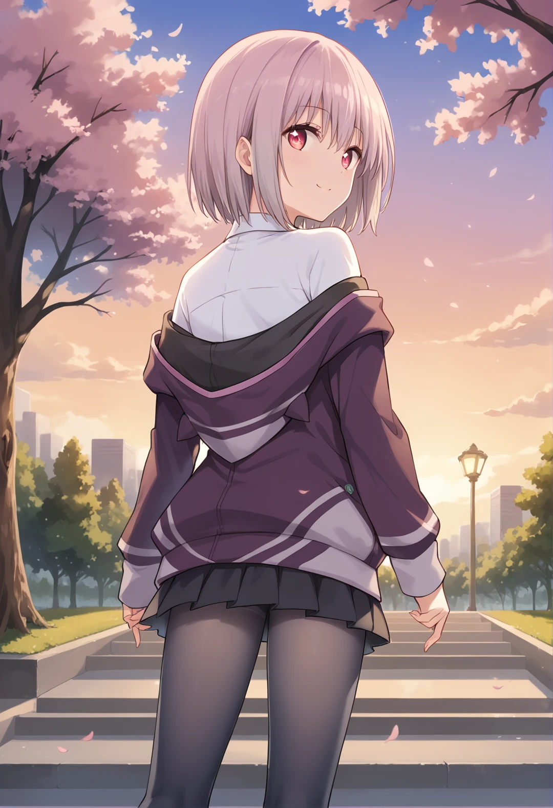 score_9, score_8_up, score_7_up, source_anime, masterpiece, best quality, highly detailed background, cinematic lighting, detailed eyes, detailed pupils, perfect face, akane shinjo, unique outfit, pantyhose, cute,  dutch tilt, cinematic, standing, smile, facing away, looking back, legs, portrait, park, sakura trees, sunset,
 <lora:Akane Shinjo_epoch_1:0.8>