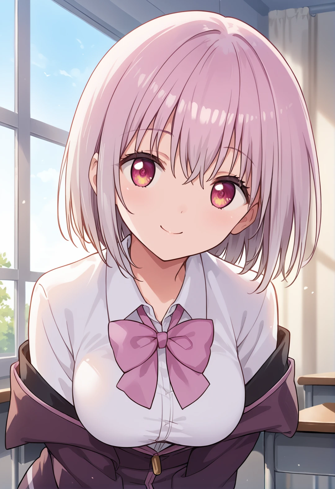 score_9, score_8_up, score_7_up, source_anime, masterpiece, best quality, highly detailed background, cinematic lighting, detailed eyes, detailed pupils, perfect face, akane shinjo, unique outfit, looking at viewer, leaning forward, cute, smile, upper body, front view, school, classroom, window, midday
 <lora:Akane Shinjo_epoch_1:0.8>