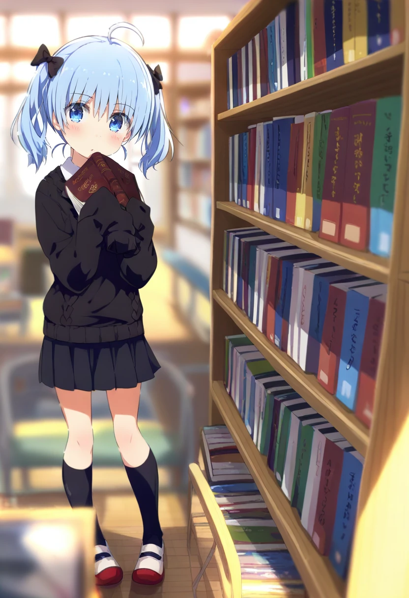 1girl, book, blue eyes, solo, skirt, depth of field, sleeves past wrists, blush, pleated skirt, blurry, shoes, black socks, socks, looking at viewer, black skirt, twintails, sweater, bookshelf, holding, indoors, bangs, kneehighs, long sleeves, bow, blurry foreground, hair bow, black bow, standing, ahoge, holding book, chair, shirt, uwabaki, sleeves past fingers, blue hair, school uniform, white shirt, collared shirt, blurry background, black sweater, hair between eyes <lora:ogipoteXL_il_lokr_V5311P:0.95>