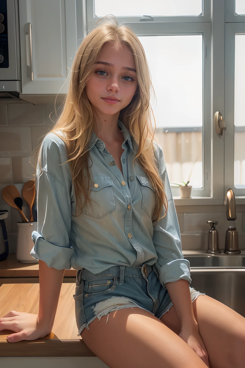 BREAK a photograph of (1girl, 20 years old, slight smile, <lora:ZH_KD0dds_v1SD15:0.9>, zh_kd0dds, solo, long hair, blonde hair, realistic, lips, looking at viewer), wearing (loose chambray button shirt and shorts)