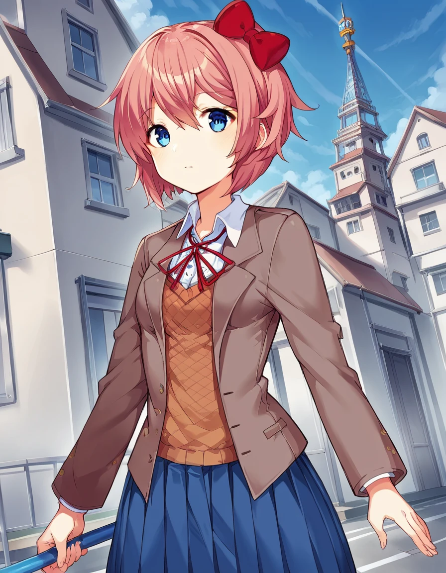 score_9, score_8_up, score_7_up, source_anime, <lora:ddlc-sayori-ingame-ponyxl-lora-nochekaiser:1>, sayori, blue eyes, hair between eyes, hair bow, hair ornament, pink hair, red bow, short hair,, blue skirt, pleated skirt, school uniform, skirt, brown jacket, jacket,, control tower, high, air traffic, windows, staff, , from below, looking at viewer, solo,, dutch angle, cowboy shot