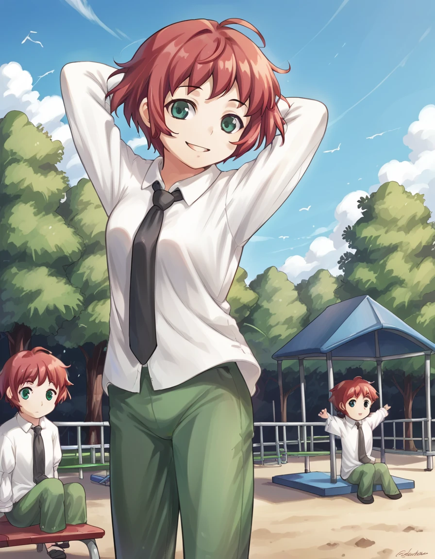 score_9, score_8_up, score_7_up, source_anime, <lora:rin-tezuka-ingame-ponyxl-lora-nochekaiser:1>, rin tezuka, short hair, green eyes, red hair, amputee,, shirt, long sleeves, school uniform, white shirt, necktie, collared shirt, pants, green pants,, playground, swings, slides, children, outdoors, smile, <lora:mememe-dance-ponyxl-lora-nochekaiser:1>, mememe dance, me!me!me! dance (meme), dancing, ass shake, arms up,, looking at viewer, solo,, dutch angle, cowboy shot