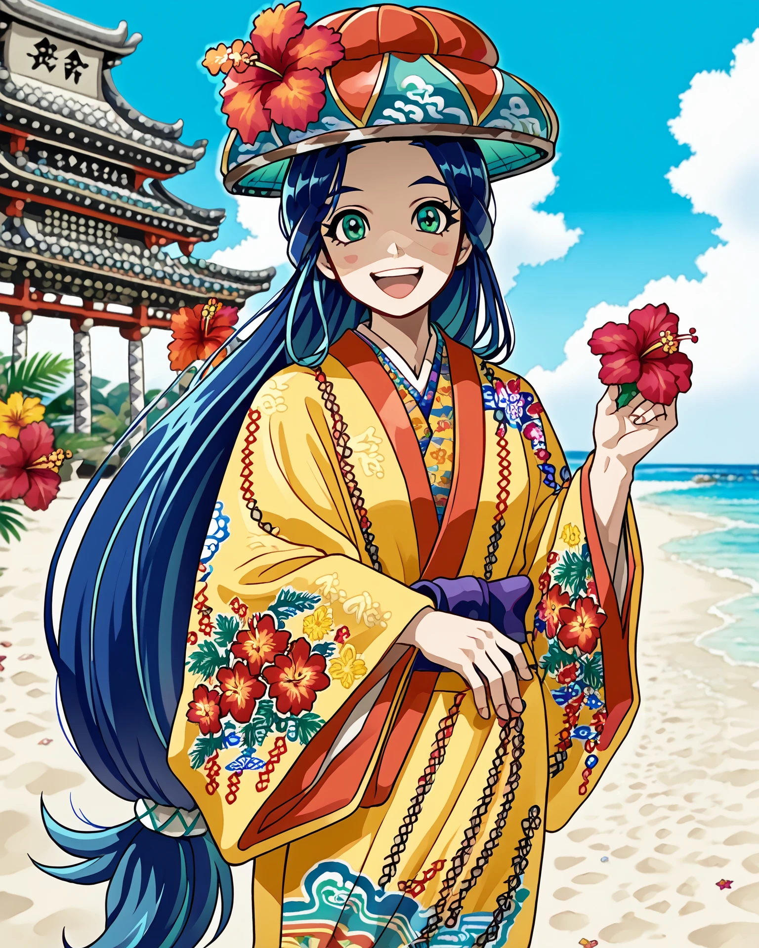 1girl, ryusou, long hair, blue hair, green eyes, ryusou hat, jacquard fabric, intricate patterns, (patterned fabric1.2), happy, beach, hibiscus, score_9, score_8_up, score_7_up,  masterpiece, very detailed, highest quality,  digital art, <lora:Ryusou_XL:1.2>,  <lora:denaseeyXLP:1> denaseey