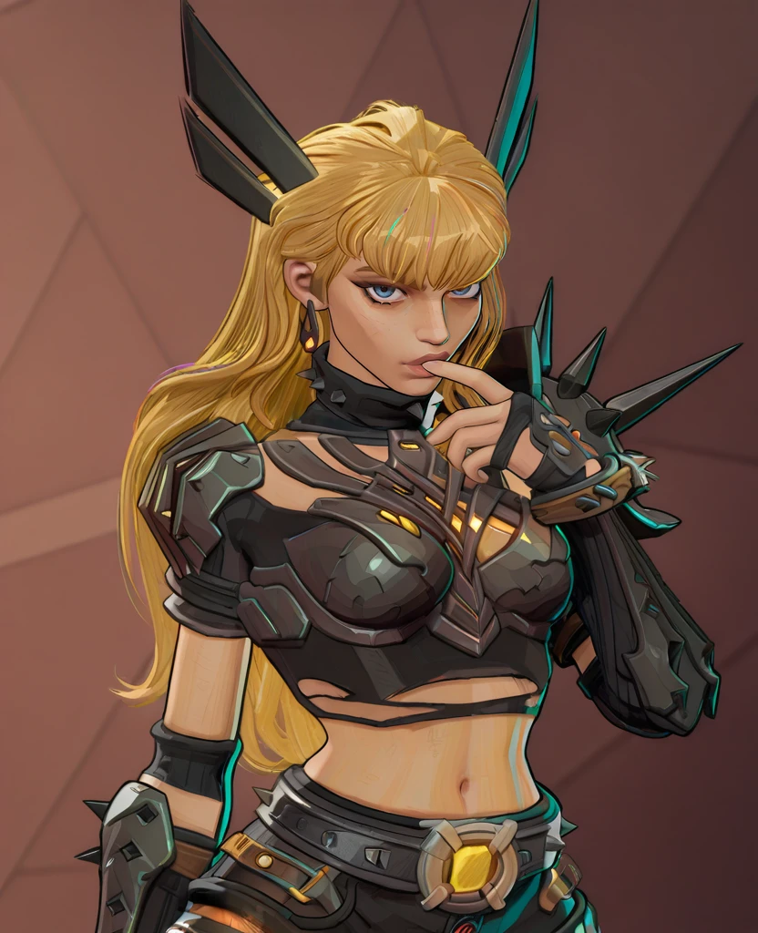 masterpiece, best quality, amazing quality, highres, absurdres, intricate detail,  <lora:Magik_ILLUS:1>, mg1, 1girl, solo, long hair, blue eyes, blonde hair, bangs, earrings, midriff, navel, armor, torn clothes, spikes, headgear, shoulder armor, shoulder spikes, spiked collar, streaked hair, multicolored hair, breastplate, short shorts, belt, brown pantyhose, torn pantyhose, thigh strap, vambraces, single glove, spiked bracelet, looking at viewer, portrait, finger to mouth,