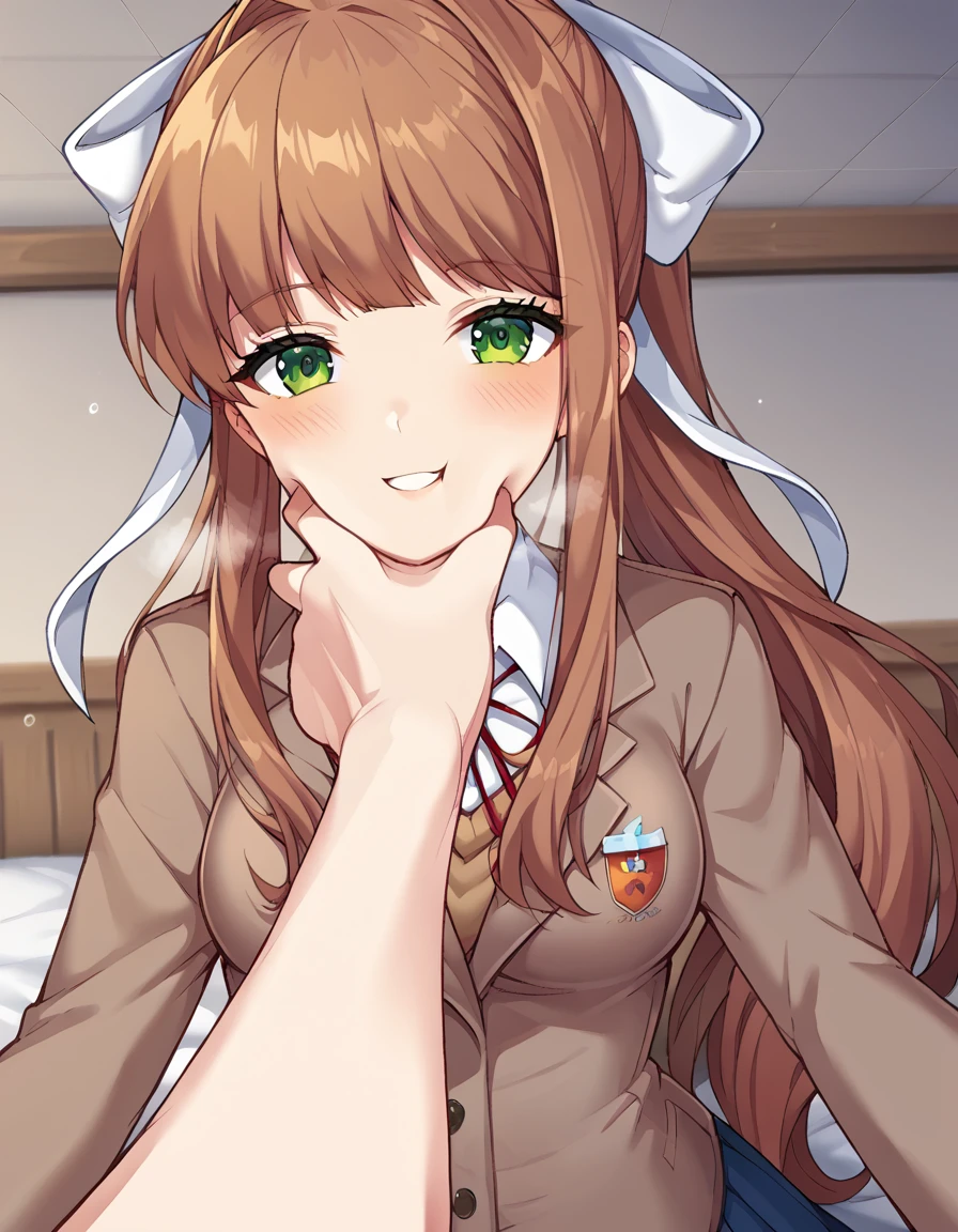 score_9, score_8_up, score_7_up, source_anime, <lora:ddlc-monika-ingame-ponyxl-lora-nochekaiser:1>, monika, blunt bangs, brown hair, green eyes, long hair, ponytail, ribbon, white ribbon, hair ribbon, sidelocks, medium breasts,, black thighhighs, blue skirt, brown jacket, jacket, long sleeves, over-kneehighs, pleated skirt, school uniform, skirt, thighhighs, zettai ryouiki,, snow day, winter clothes, snowball fight, laughter, cold breath, white landscape, smile, <lora:pov-cheek-grabbing-ponyxl-lora-nochekaiser:1> pov cheek grabbing, pov cheek grabbing (meme), meme, squeezing cheeks, pov hands, cheek squash, face grab, pov, blush, parted lips, bed room,, cowboy shot, looking at viewer,, looking at viewer, solo,, dutch angle, cowboy shot