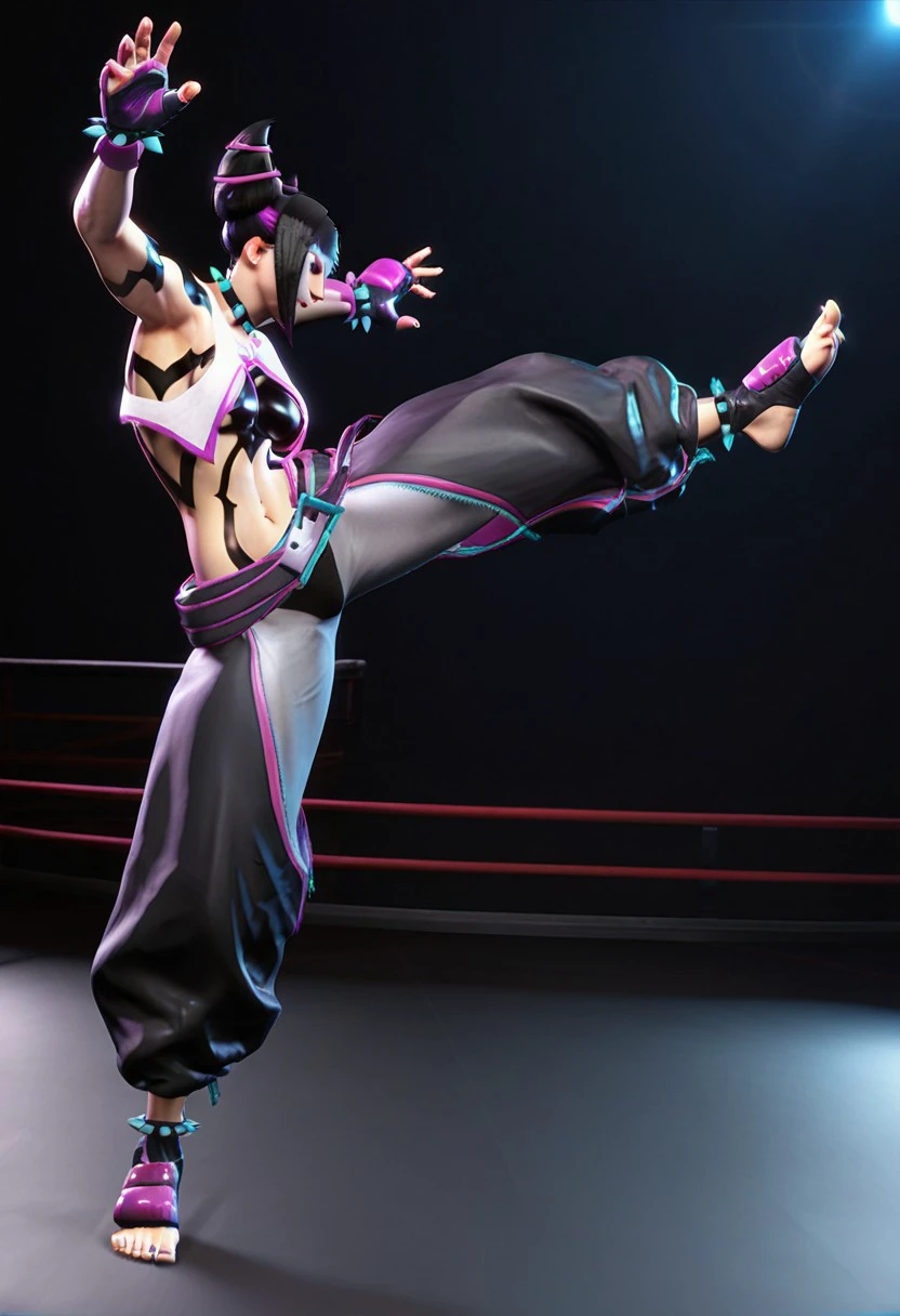 score_9, score_8, score_7, 3d, han juri, fighting stance, feet, belt, dudou, tattoo, anklet, medium breasts, black pants, kicking, navel