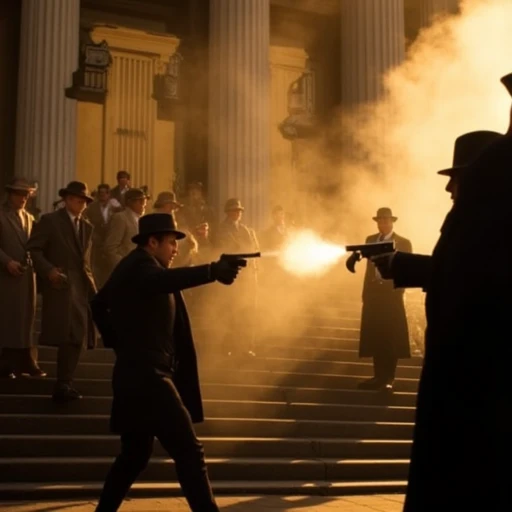 A dramatic standoff on the steps of a grand Art Deco bank building. A group of lawmen in trench coats and fedoras, one holding a 1928 Thompson Sub-machine gun, face off against a gang of bank robbers armed with similar weapons. The golden hour sunlight streams through thick smoke, creating dramatic silhouettes and reflections on the Thompson's metal finish. The tension is palpable, with onlookers frozen in fear and the echo of a single shot ringing out through the city.