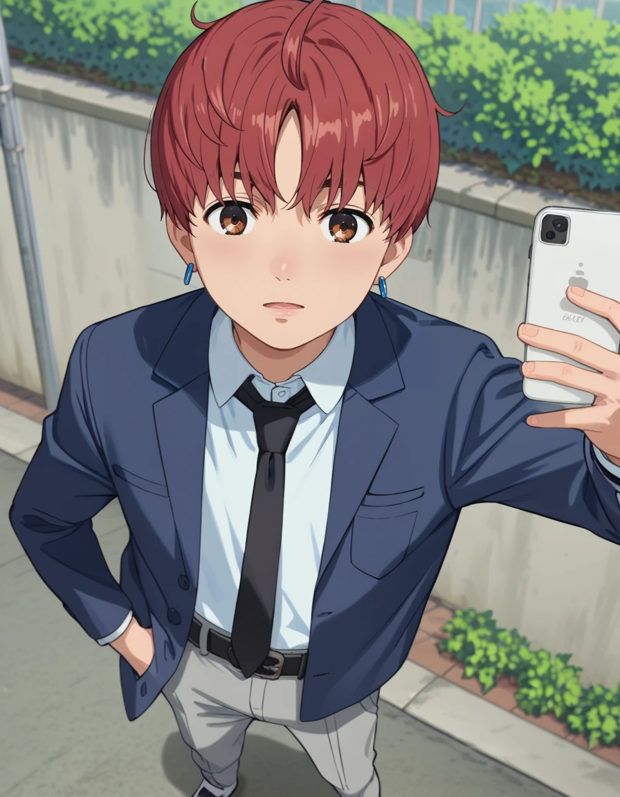 score_9, score_8_up, score_7_up, source_anime, high res image, masterpiece, best quality, BREAK
1boy, solo, from above, looking at viewer, school, blurry background, outdoors, shade, leaning on wall, mobile phone, selfie, cellphone,
jin enjoji (dandadan s1), short hair, red hair, brown eyes, earrings, hand in pocket,
school uniform, blue blazer, white collared shirt, black necktie, long sleeves, belt, gray pants, 
<lora:jin_enjoji-dandadan_s1_v2-anime-soralz:1>