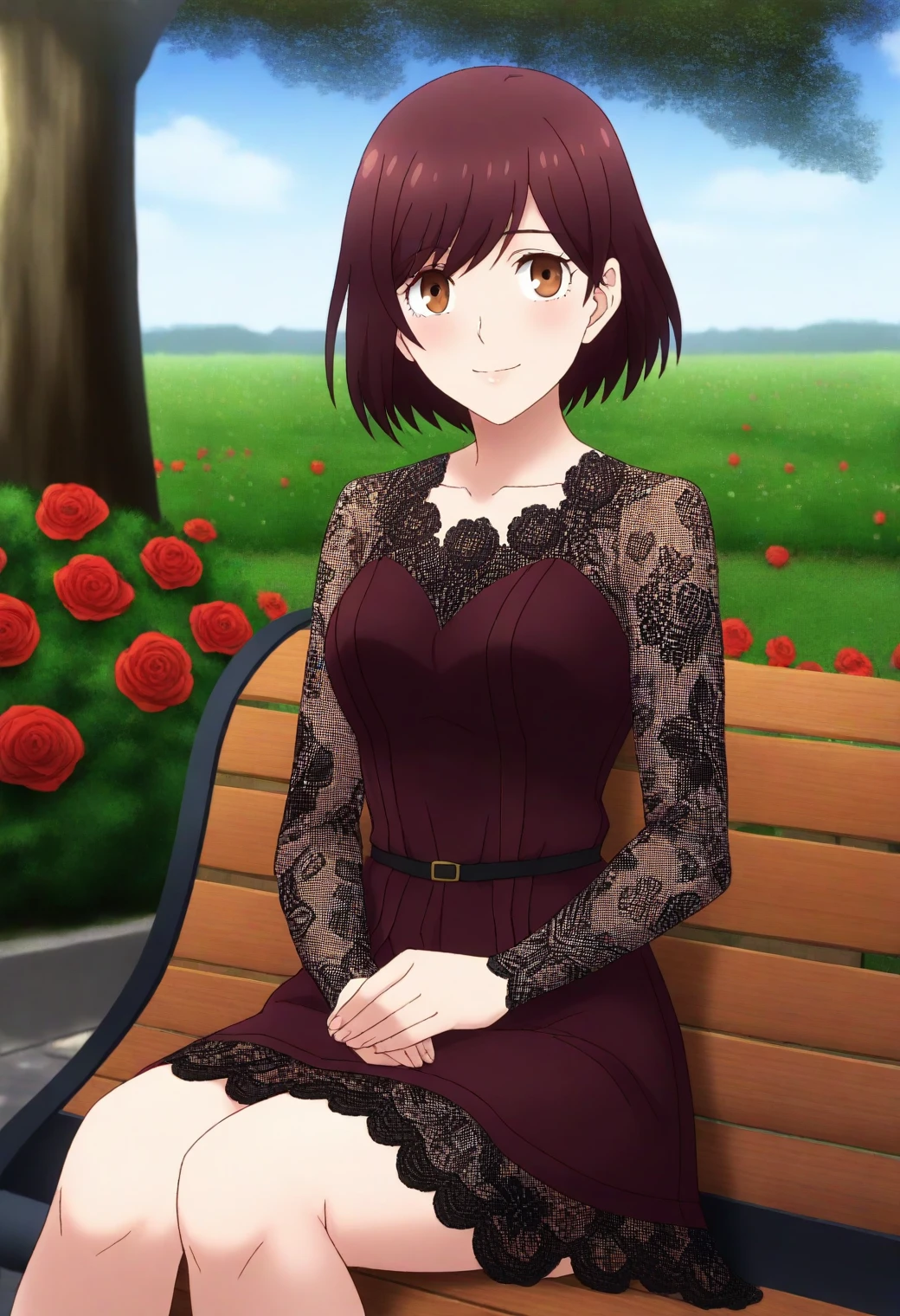 <lora:Rae Taylor - [Watashi no Oshi wa Akuyaku Reijou] - illustriousXL v1:1>, sysdeep_rae, brown hair, brown eyes, short hair, solo Garden bench, lace dress, surrounded by blooming roses, gentle smile, style parody