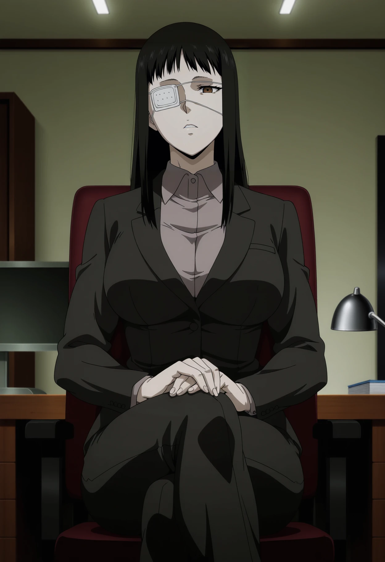 1girl,solo,mm,mature female,black hair,eyepatch,brown eyes,large breasts,anime coloring,long hair,
muscular,formal, pants,cowboy shot, sitting,on chair,crossed legs, hands on own knees, indoors, looking at viewer, office
,masterpiece,best quality,amazing quality,<lora:Valmet-Jormungand_ix:0.8>