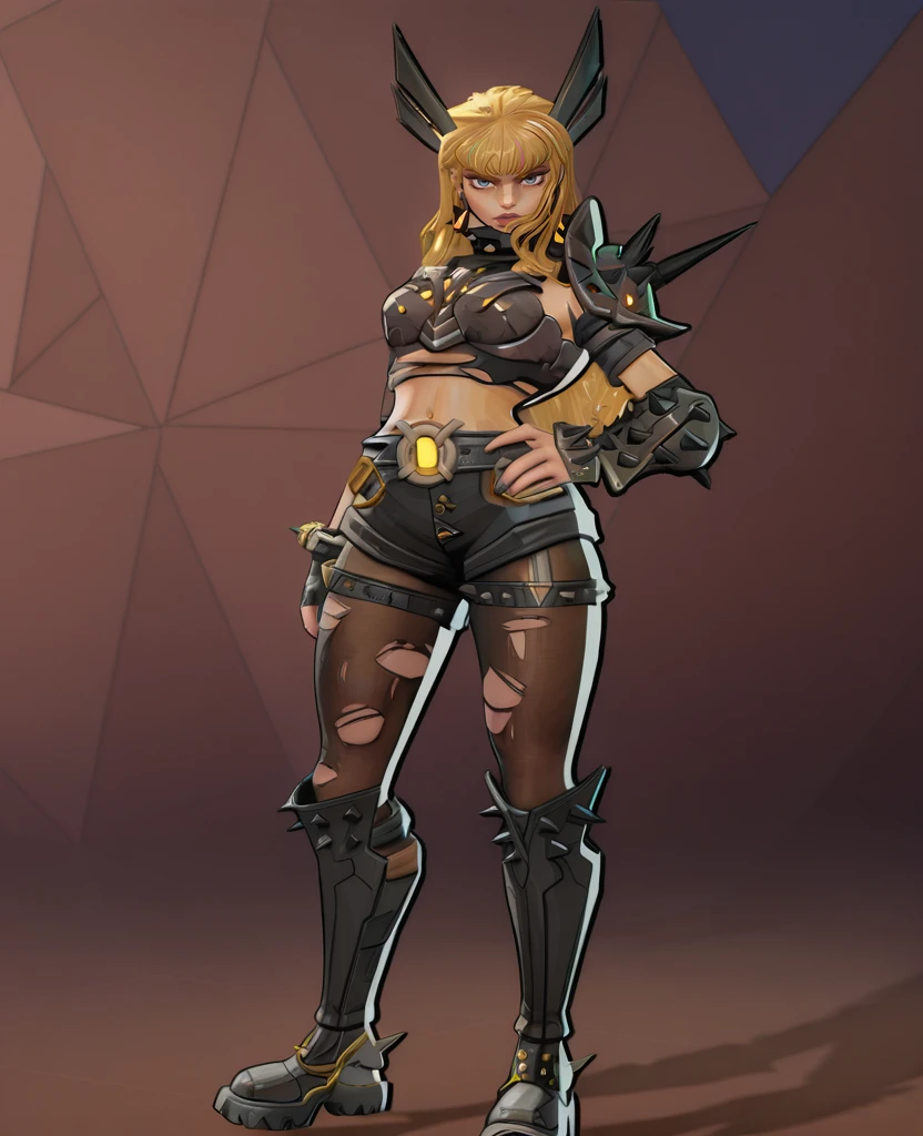 Sexy Hermaphrodite, Plump, pursed lips, freckles, Long curly black and yellow hair with bangs, Crystal blue eyes with smoky eyeshadow and black eyeliner, Black semi-matt lipstick, Dark Skin, A frivolous, proud smile, ,Full body image、Background white
