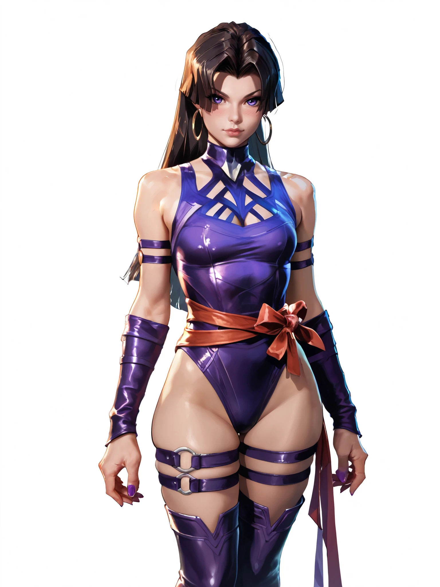 score_9, score_8_up, score_7_up, score_6_up, score_5_up, score_4_up, highest quality, intricately detailed, masterpiece
,detailed textures, realistic lighting, perfect detailed face, perfect detailed body
.[Main:0    ] psylocke, MarvelRivals
.[Photo:0  ] upper body
.[Action:0 ] standing
.[Details:0] long legs
.[Body:0   ] bare shoulders, purple nails
.[Cloth:0   ] skintight purple leotard, thigh highs boots, thigh straps, silver rings, wrapped forearm, hoop earrings
.[Hair:0     ] black hair, middle part hair, side bangs, long back hair
.[Face:0     ]purple eyes, asymmetrical purple face mark, dark purple lips
.[Expres:0 ] serious expression, narrow eyes
.[Seting:0  ] solid white background
<lora:Hand v2:1> <lora:PerfectEyesXL:1> <lora:foot feet v1:1> <lora:Psylocke_Vengeance_Skin_Marvel_rivals:1> <lora:AMarvelRivals_style:1>