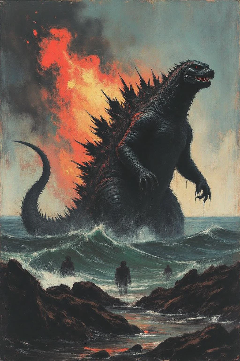 apoca1 illustration. Godzilla emerges from the sea, breathing fire  <lora:apocalypse_now1_fl_d4a2:1.0><lora:803273620391592070:0>