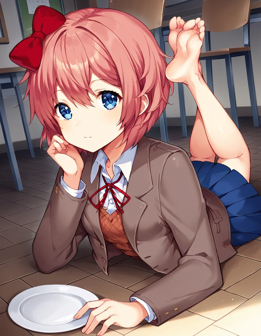 score_9, score_8_up, score_7_up, source_anime, <lora:ddlc-sayori-ingame-ponyxl-lora-nochekaiser:1>, sayori, blue eyes, hair between eyes, hair bow, hair ornament, pink hair, red bow, short hair,, blue skirt, pleated skirt, school uniform, skirt, brown jacket, jacket,, dining room, table, chairs, dishes, cutlery, , <lora:the-pose-ponyxl-lora-nochekaiser:1>, the pose, on stomach, feet up, lying, soles, feet, legs up, head rest, barefoot, looking at viewer, solo,, dutch angle, cowboy shot