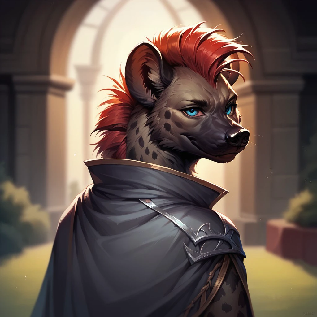 (((detailed, beautiful, high quality))), score_9, score_8_up, score_7_up, 
(depth of field, dynamic lighting),
gnoll, furry hyena,
1 male, black fur, blue eyes, grey cape, red hair, mohawk,
looking at the viewer, posing, 
blurred background, fantasy background, shroud background,