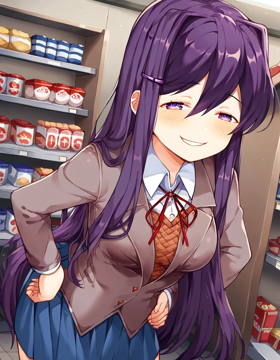 score_9, score_8_up, score_7_up, source_anime, <lora:ddlc-yuri-ingame-ponyxl-lora-nochekaiser:1>, yuri, yuri (doki doki literature club), hair ornament, hairclip, long hair, purple eyes, purple hair, hair intakes, hair between eyes, sidelocks, medium breasts,, skirt, shirt, ribbon, school uniform, jacket, white shirt, blue skirt, neck ribbon, wing collar,, convenience store, snacks, shelves, counter, quick, smile, <lora:anyas-heh-face-ponyxl-lora-nochekaiser:1> anyas heh face, anya's heh face (meme), smile, smug,, blush, leaning forward, bent over, hands on own hips, cowboy shot, looking at viewer, solo,, dutch angle, cowboy shot