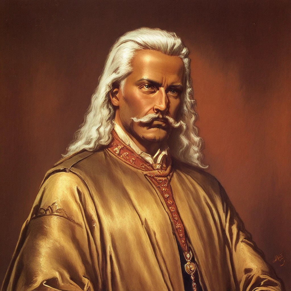 JanMatejkoStyle-IL.V1.0, oil painting, traditional media, classic media, 1boy, dark-skinned male, white hair, facial hair, mustache, white hair