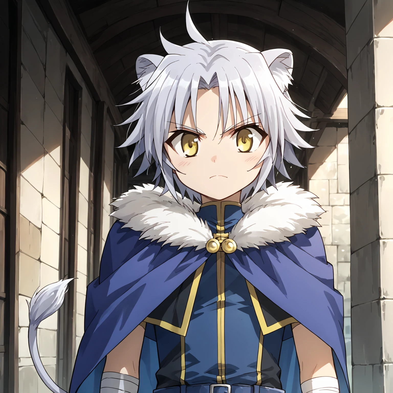 score_9, score_8_up, score_7_up, source_anime BREAK
1boy, solo, gaul, grey hair, yellow eyes, lion ears, lion tail, sleeveless shirt, cape, 
zPDXL3, <lora:gaulPony-000008:0.8>, cowboy_shot