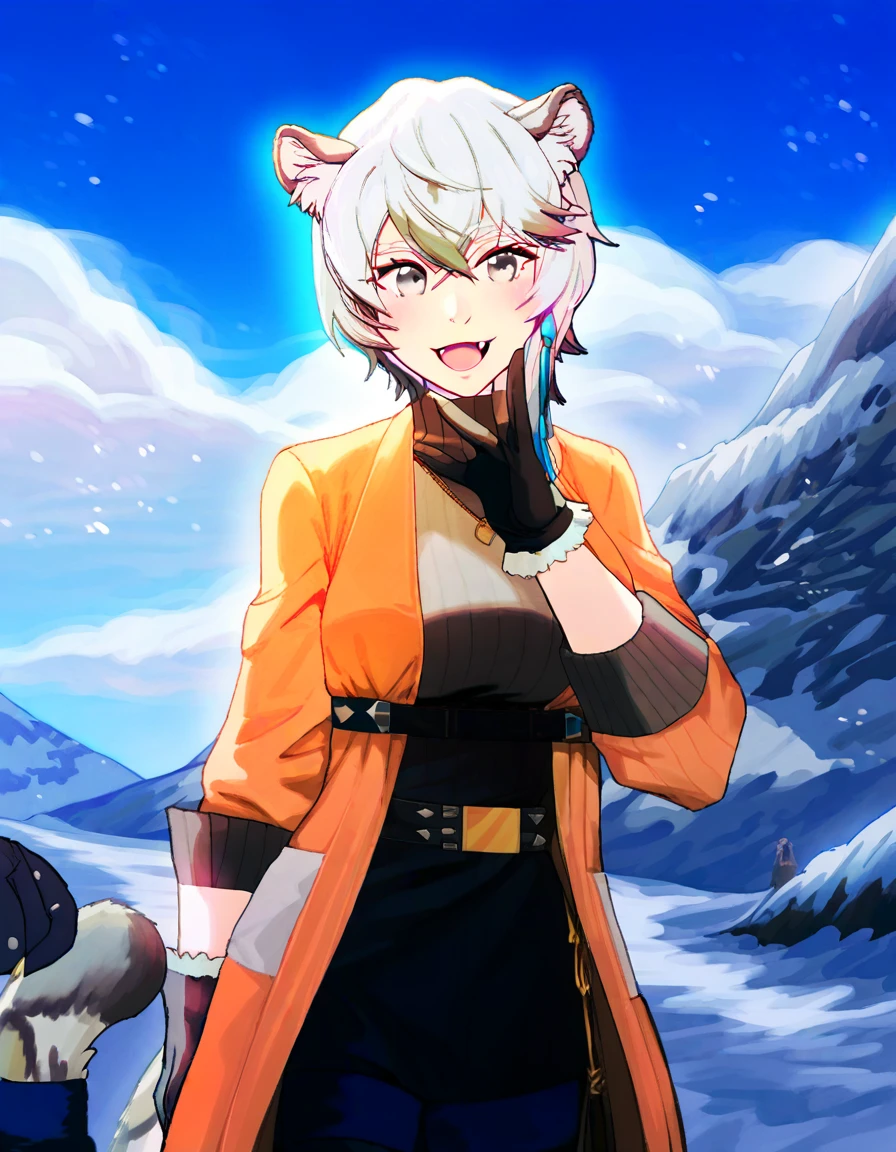 score_9, score_8_up, source_anime, masterpiece, best quality, amazing quality, very aesthetic, absurdres, newest, scenery, volumetric lighting, source_anime, vibrant colors, female, absurdres, highres, 1girl, :d, animal ear fluff, animal ears, black gloves, blue sky, blush, breasts, cloud, coat, cowboy shot, day, fang, fur trim, gloves, grey eyes, hair between eyes, infection monitor \(arknights\), leopard, leopard ears, leopard girl, leopard tail, looking at viewer, medium breasts, official alternate costume, open mouth, orange coat, outdoors, ribbed sweater, short hair, sidelocks, sky, smile, snow leopard ears, snow leopard girl, snow leopard tail, snowing, solo focus, standing, sweater, tail, turtleneck, turtleneck sweater, white hair, BREAK <lora:incase_style_v3-1_ponyxl_ilff>, <lora:Ensia_Silverash>