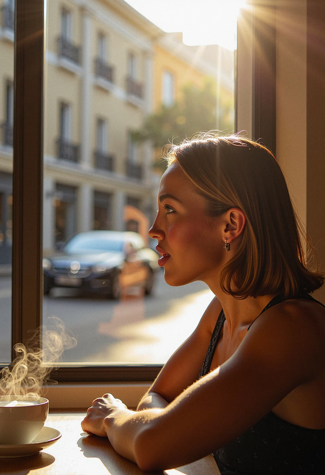 A woman in profile, facing left, sitting by a café window. Sunlight streams in, highlighting her gentle smile as she looks out at the street scene. Her hair falls loosely past her shoulders, and steam rises from the coffee cup on the table before her. The café interior provides a warm, bokeh background of soft browns and ambient lighting. <lora:TammyHembrowV1_7_Flux:1>