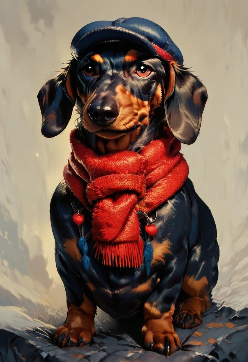 score_9, score_8_up, score_7_up, animal Focus, no humans, solo, Dachshund-PonyV1, Dachshund, dog, small dog, animal, black fur, scarf, hat,