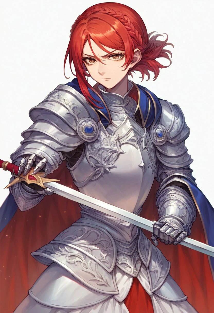 (absurdres, best quality, masterpiece:1.4), score_9, score_8_up, score_7_up, source_anime, 1girl, solo, half-swording, beautiful, feminine, pretty, red hair, french braid, serious expression, armored dress, gauntlets, cuirass, cape, two hands on blade,