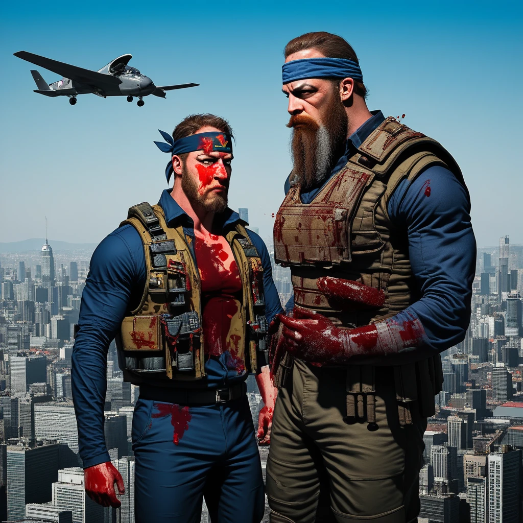 armor, blood on face, load bearing vest, simmons. facial hair, pants, aircraft, headband, simmons. 1boy, city