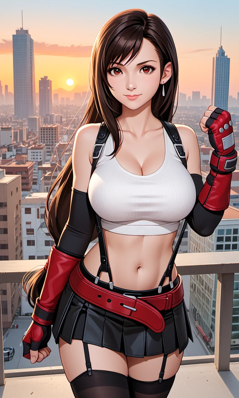 score_9, score_8_up, score_7_up, , tifa lockhart, 1girl, solo, long hair, breasts, looking at viewer, smile, bangs, skirt, large breasts, brown hair, shirt, black hair, red eyes, thighhighs, gloves, navel, cleavage, bare shoulders, brown eyes, jewelry, medium breasts, closed mouth, standing, collarbone, jacket, white shirt, thighs, cowboy shot, pleated skirt, earrings, outdoors, open clothes, sky, sleeveless, alternate costume, black gloves, elbow gloves, midriff, belt, black thighhighs, signature, miniskirt, fingerless gloves, black skirt, stomach, vest, lips, zettai ryouiki, black jacket, crop top, sleeveless shirt, swept bangs, garter straps, suspenders, tank top, building, red gloves, clenched hands, low-tied long hair, zipper, pencil skirt, sunset, black vest, sports bra, city, realistic, nose, suspender skirt, taut clothes, cityscape, white tank top, undershirt, taut shirt, photo background, town, dangle earrings,