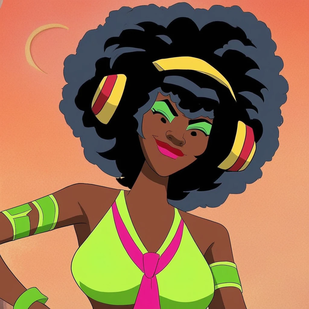 1girl, solo, Angel_Dynamite, dark skin, ebony, ebony female, dark-skinned female, big hair, black hair, afro, yellow headphones, wearing headphones, hot pink lips, green eyeshadow, hot pink tie, green tank top, green tights, midriff, bell bottoms pants, armlet, wristband, sleeveless, bare shoulders, v, view from below, upper body, close up, smug expression