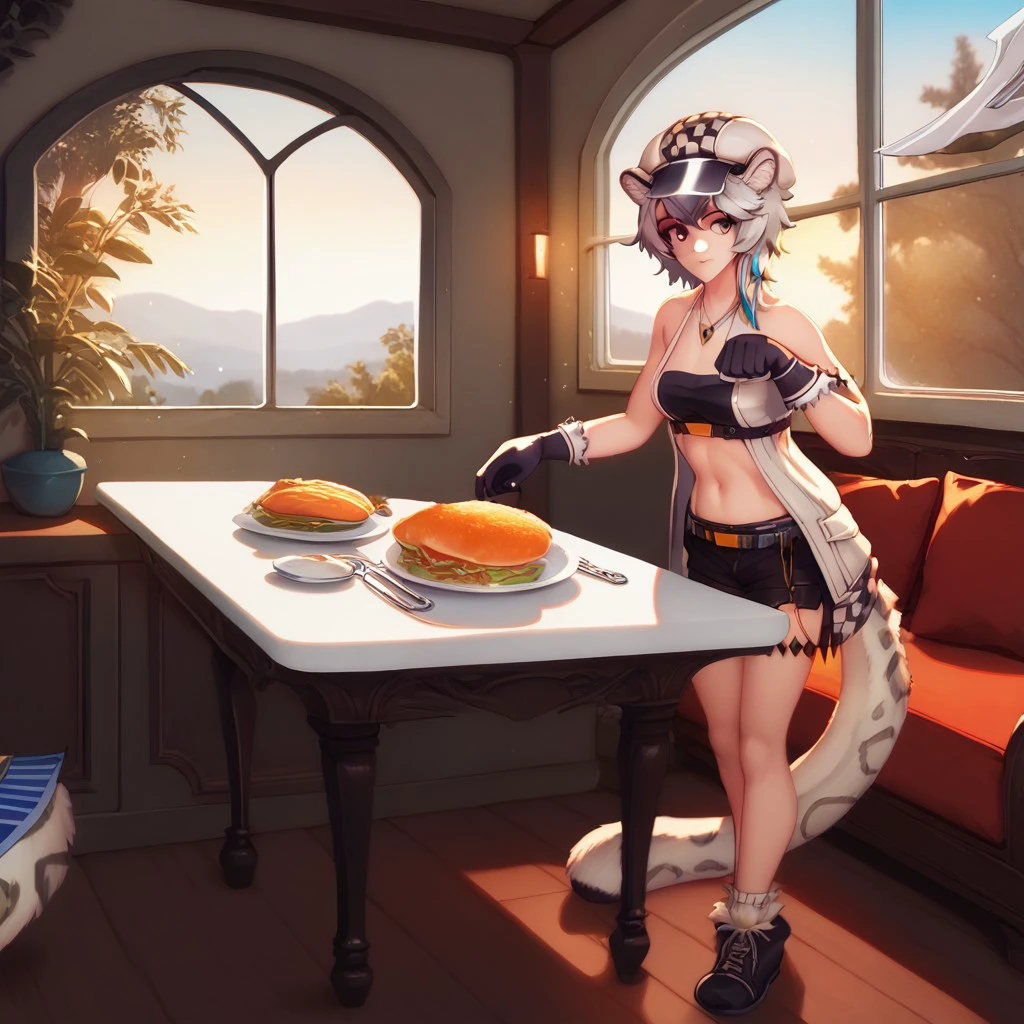 masterpiece, best quality, amazing quality, very aesthetic, absurdres, newest, scenery, volumetric lighting, ((ensia silverash, 1girl, solo, standing, full body, animal ears, tail, animal ears fluff, short hair, snow leopard girl, bandeau, black shorts, snow leopard ears, snow leopard tail, black gloves, breasts, cabbie hat, grey hair, jewelry, necklace, paw pose, kneeling, looking at viewer, kitchen, window, dinner table, sofa, masterpiece, best quality, amazing quality, very aesthetic, absurdres, newest, (scenery, volumetric lighting), score_9, score_8_up, source_anime, <lora:p_ami_v10_adafactor-000017>, <lora:Ensia_Silverash>