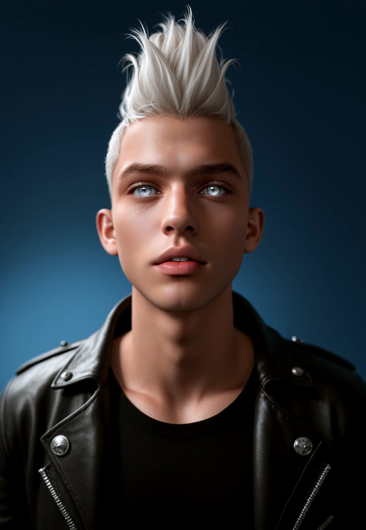 score_9, score_8_up, score_7_up, score_6_up, score_5_up, score_4_up BREAK Vdiff1_dskfll, solo, white hair, jacket, mohawk, blue background, black shirt, white eyes, male focus, shirt, realistic, gradient background, upper body, parted lips, lips, grey eyes, 1boy, gradient, open jacket, open clothes, nose, 1boy, male focus, short hair, looking to the side, leather jacket