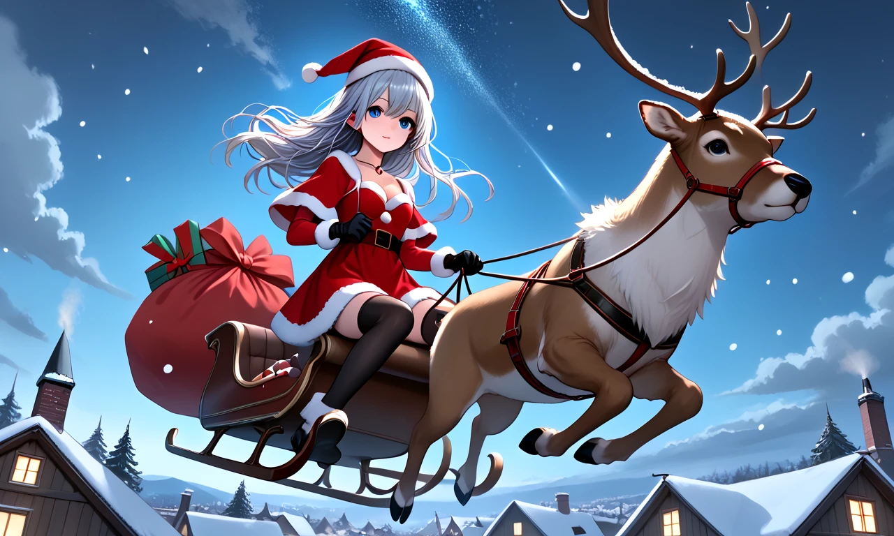 score_9, source_anime, riding reindeer sleigh flying in the sky, sled filled with gift sack, solo, 1girl, blue eyes, floating hair, fur trim, red dress, santa hat, santa costume, cleavage, breasts, thighhighs, gloves, reins, wind, night, snowing, horizon, christmas, night sky, chimney rooftop, nordic architecture, (((from below))), <lora:girllikereindeersleigh_pony:0.8>