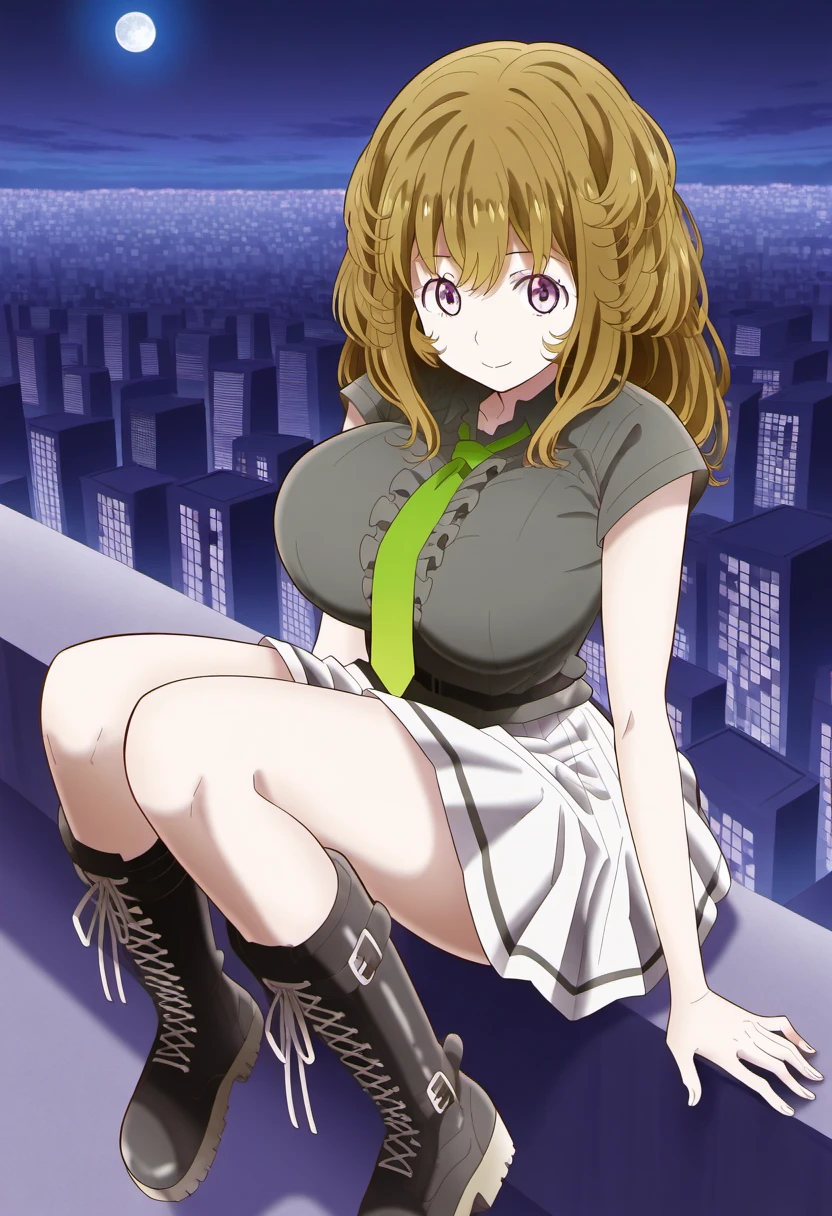 1girl, solo, koudaiji erika, purple eyes, asymmetrical bangs, large breasts, brown hair, long hair, green necktie, grey shirt, short sleeves, white skirt, black trim, lace-up boots, boots, 
sitting, rooftop, looking at moon, distant gaze, side view, desaturated colors, high angle, empty cityscape, solitary, quiet atmosphere
, masterpiece, absurdes, <lora:Character_Koudaiji Erika:1>