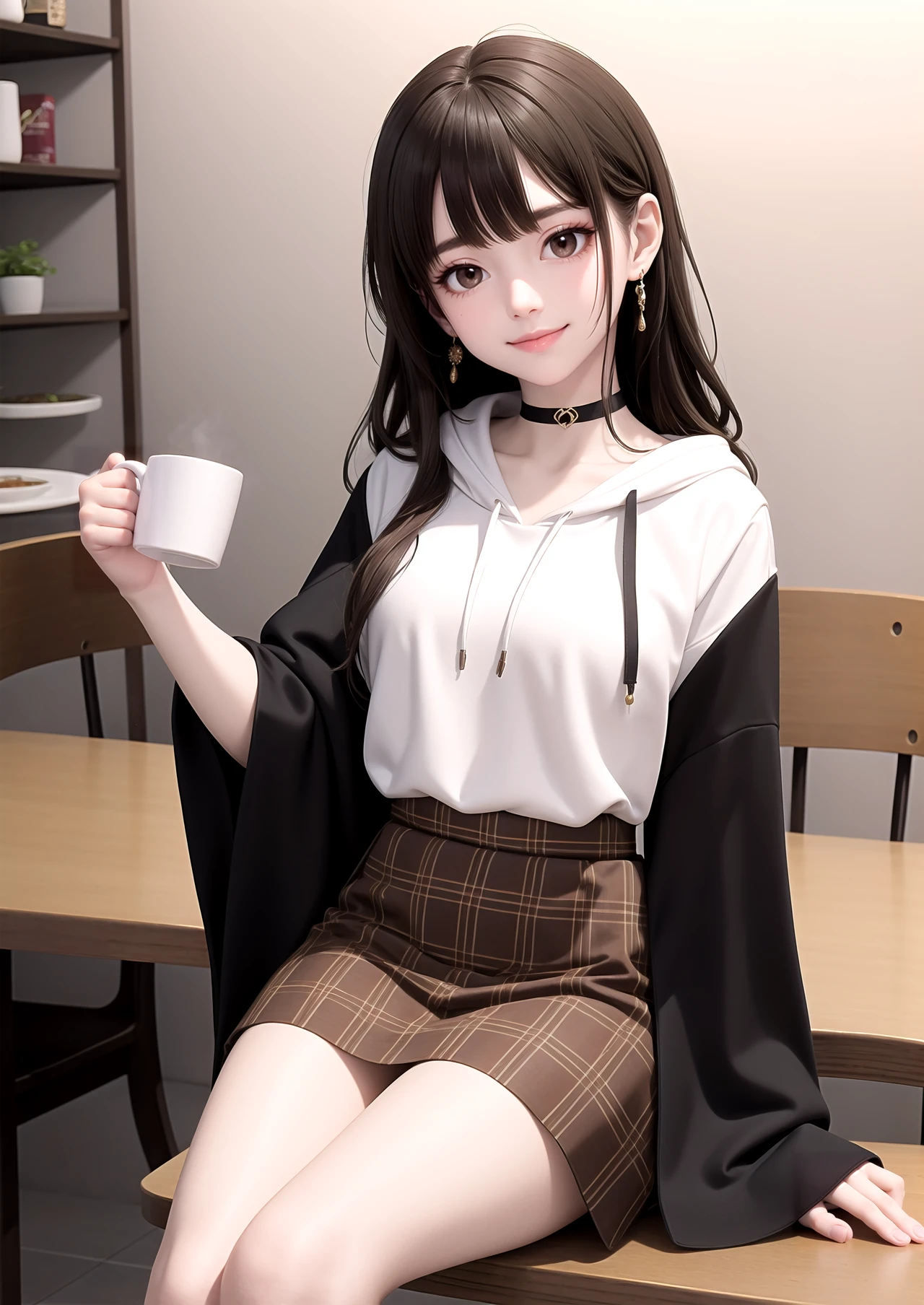 masterpiece,best quality,1girl,solo,N4nashiCas,brown eyes,brown hair,long hair,streaked sidelocks,ahoge,cherry earrings,black choker,oversized hoodie,beige hoodie,animal hood,wide sleeves,long skirt,high-waist skirt,plaid skirt,brown skirt,indoors,cafe,sitting,table,cup,coffee mug,arm rest,smile,head tilt,