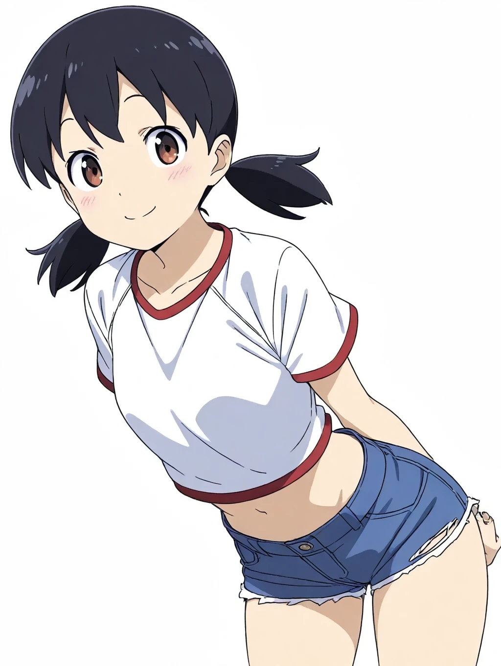 minamoto shizuka, 1girl, solo, shorts, shirt, navel, denim, denim shorts, smile, white background, simple background, white shirt, breasts, looking at viewer, short hair, short sleeves, short shorts, cutoffs, midriff, closed mouth, torn shorts, arms behind back, cowboy shot, small breasts, torn clothes, blush, thighs, stomach, collarbone, blue shorts, crop top, standinghand-drawn style, masterpiece, best quality,
 <lora:cth7l4le878c73f6r6c0:0.9>