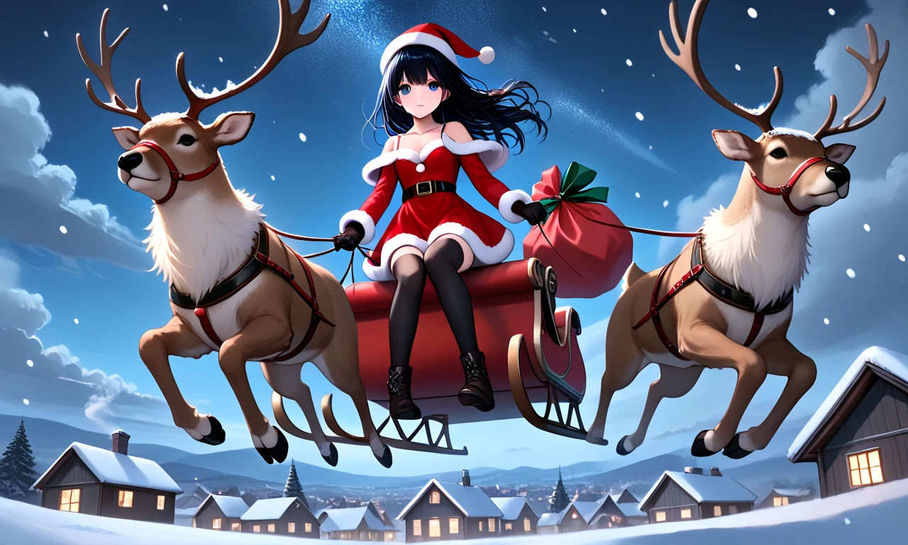 (((from below))), (((facing viewer))), score_9, source_anime, riding reindeer sleigh flying in the sky, gift sack, full body, 1girl, blue eyes, floating hair, fur trim, red dress, santa hat, santa costume, cleavage, breasts, thighhighs, gloves, reins, wind, night, snowing, horizon, christmas, night sky, chimney rooftop, nordic architecture,<lora:girllikereindeersleigh_pony:0.8>