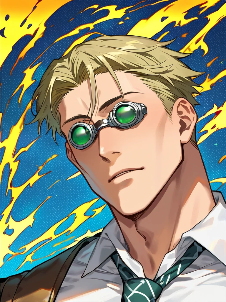 score_8_up, score_7_up, masterpiece, best quality, best aesthetics, perfect anatomy, perfect proportions, high resolution, good colors, glowing skin, good shading, good eyes, contrast shading, well detailed background, male focus, muscle man, nanami kento,blonde hair,goggles, green lens goggles, (leopard pattern necktie), muscular, serious face, happy