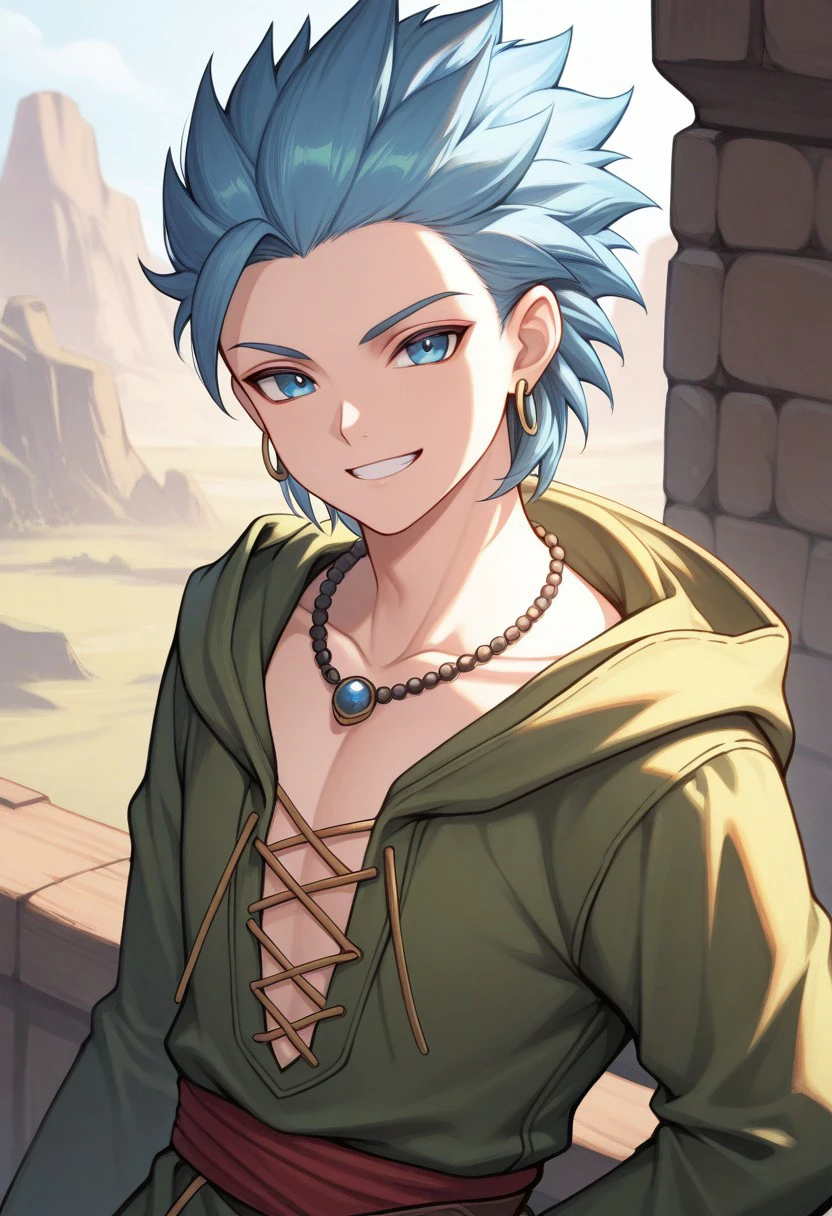 masterpiece, best quality, 
dqerik, 1boy, male focus, solo, blue eyes, blue hair, earrings, hoop earrings, short hair, single bang, spiked hair, jewelry, necklace, bead necklace, collarbone, tunic, green tunic, hood, long sleeves, smile, grin, upper body
outdoor,