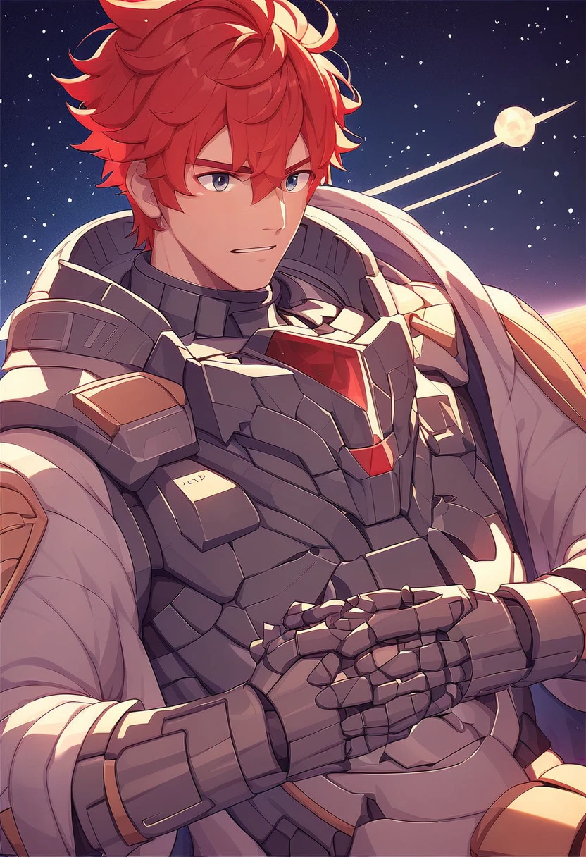 score_9, score_8_up, score_7_up, score_6_up, score_5_up, score_4_up,<lora:OtherStyle_10V6_03Merge07:0.6>,man, space,solo,red hair,jacket,male focus,mecha armor,space