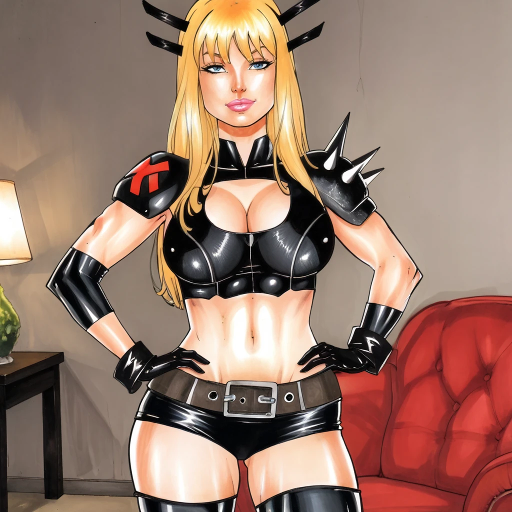 <lora:carlatorres_pony_v2:1> score_9, carlatorres_style, carlatorres, source_artwork, traditional media, marker (medium)    <lora:magikmarvel_pony_v1:.8> MagikMarvel, 1girl, large breasts, black thighhighs, blonde hair, midriff, long hair,  cleavage cutout, navel, short shorts, black gloves, spikes, belt, lips, bangs, blue eyes, toned, black shorts, crop top, shoulder armor, hands on hips