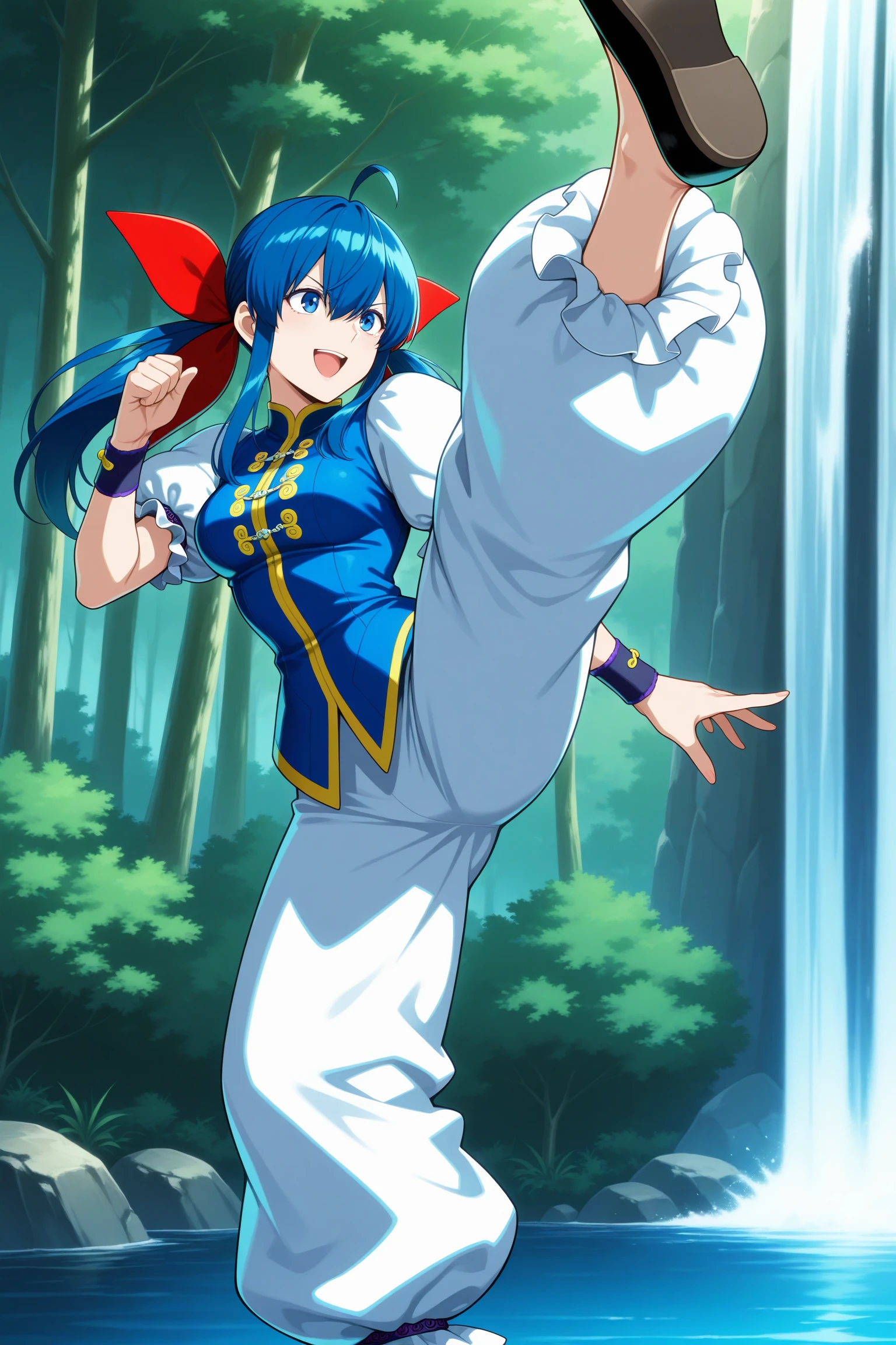 masterpiece, best quality, amazing quality, highres, absurdres, very aesthetic, high resolution, ultra detailed, perfect details, 1girl, outdoors, forest, waterfall, medium breasts, futaba hotaru, long hair, blue hair, twintails, hair bow, hair between eyes, sidelocks, ahoge, chinese clothes, puffy short sleeves, wristband, baggy pants, flats, <lora:Hotaru_Futaba_ILXL:0.8>, (aged up:1.4), (foot out of frame:1.5), anime screencap, anime coloring, smile, open mouth, (high kick:1.5), from side