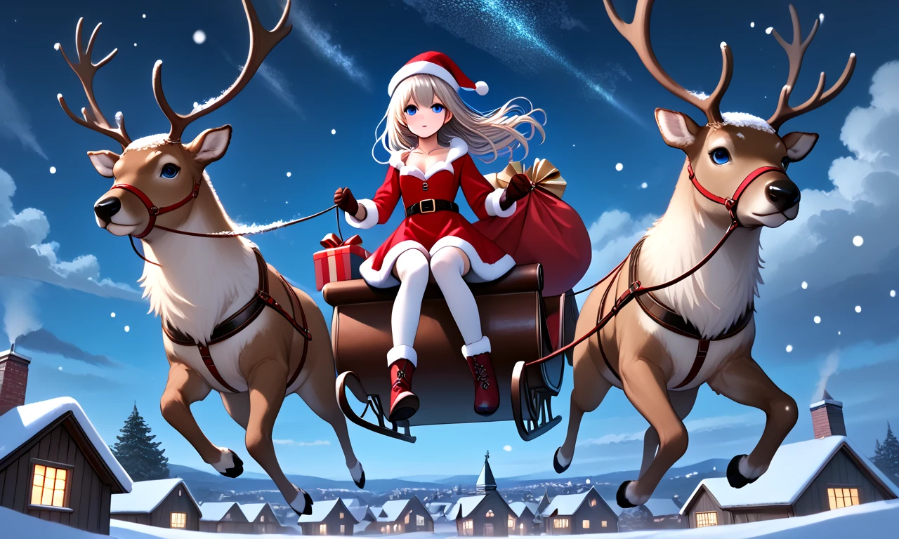 score_9, source_anime, riding sleigh flying in the sky, reindeer sled filled with gift sack, full body, 1girl, blue eyes, floating hair, fur trim, red dress, santa hat, santa costume, cleavage, breasts, thighhighs, gloves, reins, wind, night, snowing, horizon, christmas, night sky, chimney rooftop, nordic architecture, (((from below))), <lora:girllikereindeersleigh_pony:0.8>