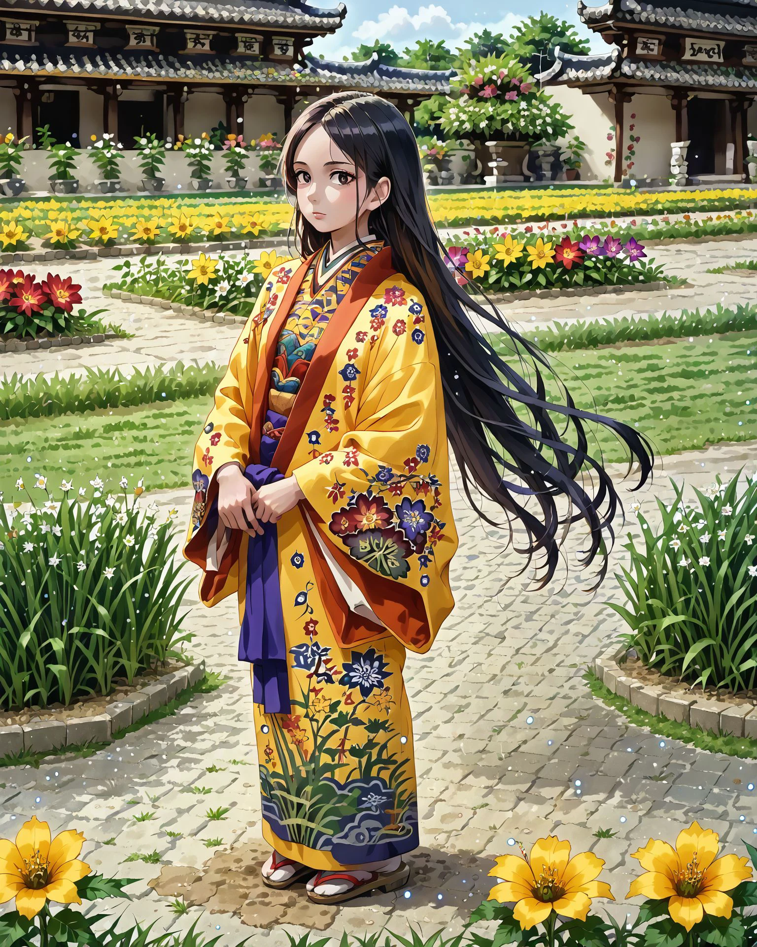 1girl, ryusou, long hair,  jacquard fabric, light particles, intricate patterns, (patterned fabric:1.2), flower garden, grass, lawn, masterpiece, very detailed, highest quality,  digital art, <lora:Ryusou_XL:1.2>,   <lora:OtherStyle_08-Merge5_06_04_02_02:1>, score_9, score_8_up, score_7_up