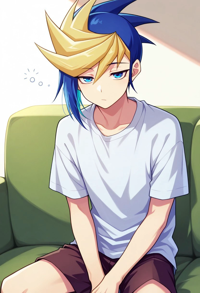 masterpiece, best quality, 
yugo, 1boy, male focus, solo, blue eyes, multicolored hair, two-tone hair, spiked hair, dyed bangs, blue hair, blonde hair, t-shirt, shorts,  sleepy,
indoor, couch, sitting,