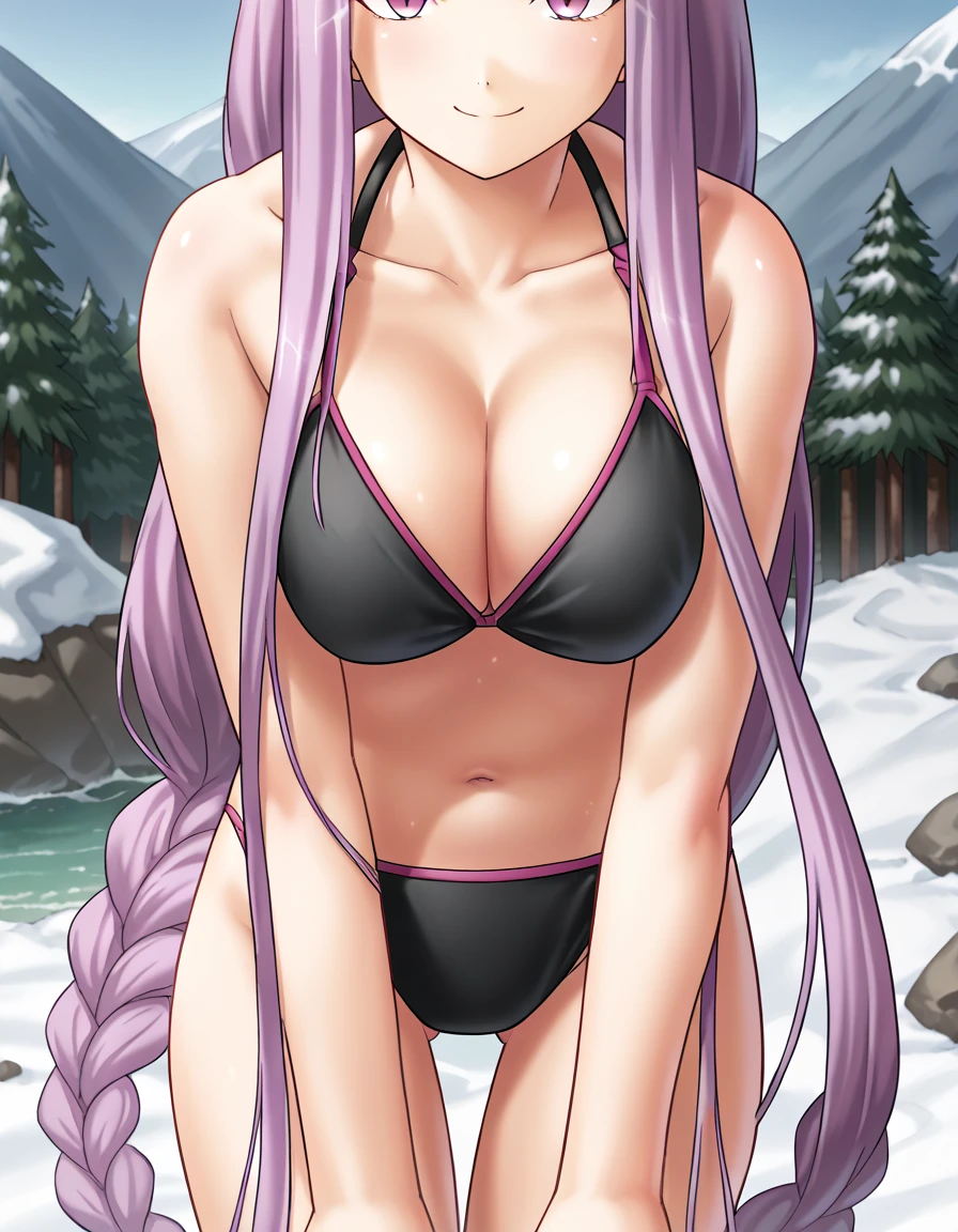 score_9, score_8_up, score_7_up, source_anime, <lora:rider-medusa-ingame-ponyxl-lora-nochekaiser:1>, medusa, long hair, very long hair, purple hair, large breasts,, cleavage, swimsuit, braid, bikini, black bikini, absurdly long hair,, mountain, rock, height, snow, trees, smile, <lora:cutting-out-below-the-eyes-is-hot-ponyxl-lora-nochekaiser:1> cutting out below the eyes is hot, cutting out below the eyes is hot (meme), eyes out of frame, head out of frame, meme, breast focus, navel focus, close-up, navel, collarbone, bent over, leaning forward,, looking at viewer, solo,, dutch angle, cowboy shot