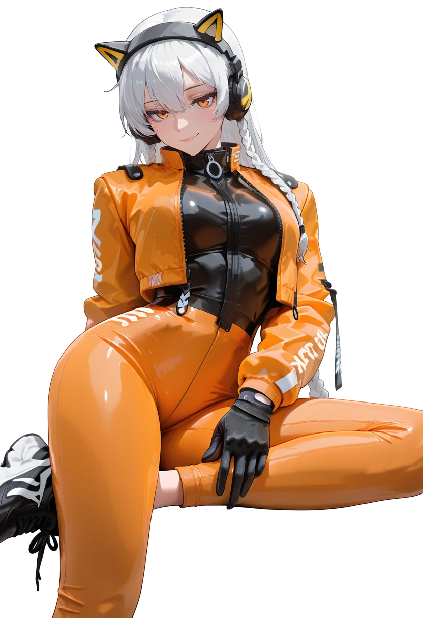 masterpiece,best quality,amazing quality,very aesthetic,absurdres,newest,
1girl, (sk997cos:1.2),  sk01 jacket, sk02 sneakers, 
orange jacket, 
white hair,
braided hair,
seductive smile, 
black gloves,
Reclining with one leg bent looking relaxed  , (white background:1.1), 
<lora:997sk cosplay IL:1>