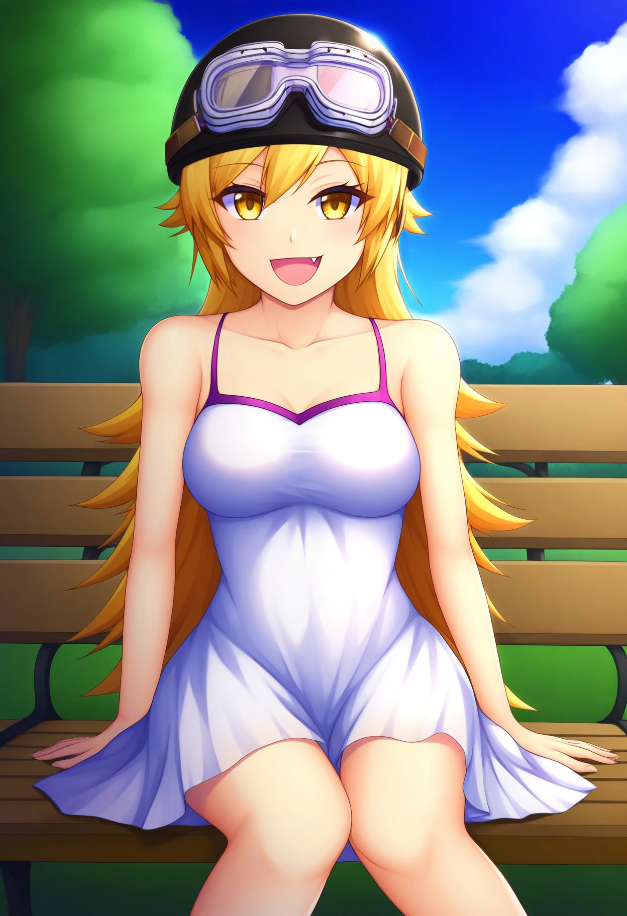 1girl, solo, looking at viewer, park bench, outdoors, sitting, smile, cowboy shot, oshino shinobu, open mouth, long blonde hair,
white dress, bare shoulders, yellow eyes, fang, black helmet, goggles on helmet,
BREAK outdoors, park bench, sky, day, cloud,  <lora:shinobu_40010ichigo_IL:1>shinobu_40010ichigo