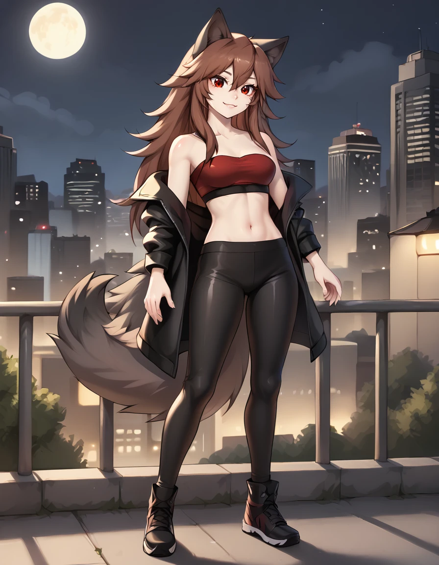 outdoors,city,night, night sky, full moon, 
full body,smile,long eyelashes,
shiny spandex pants, tube top, leather jacket, 
<lora:Crydiaa_v01_PDXL:1>,Crydiaa,1girl,solo,brown hair,long hair,hair between eyes,wolf ears,red eyes,wolf tail,